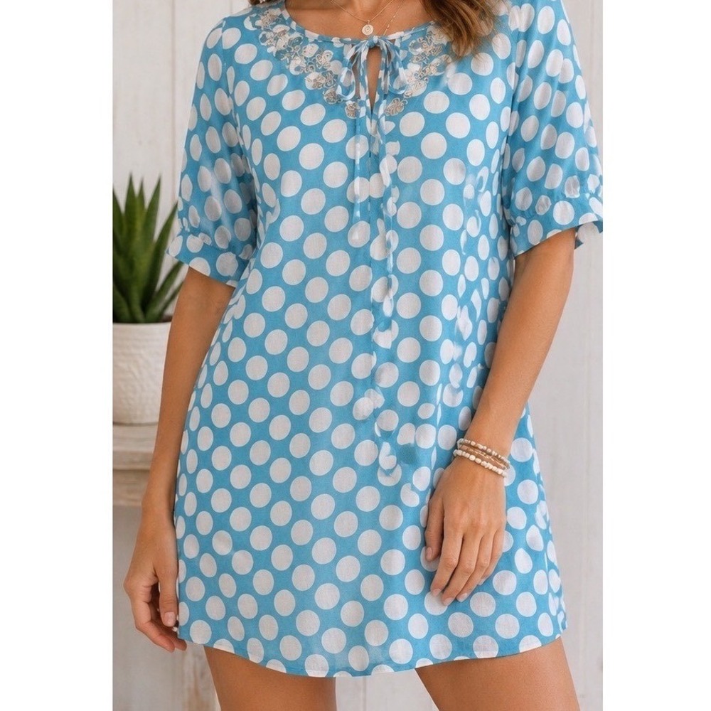 West Indies Wear Blue White Polka Dot Embroidered Cotton Tunic Dress Small